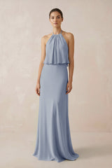 Halter Sheath Ruffled Chiffon Bridesmaid Dress in Twilight - KissProm Bridesmaid Dresses