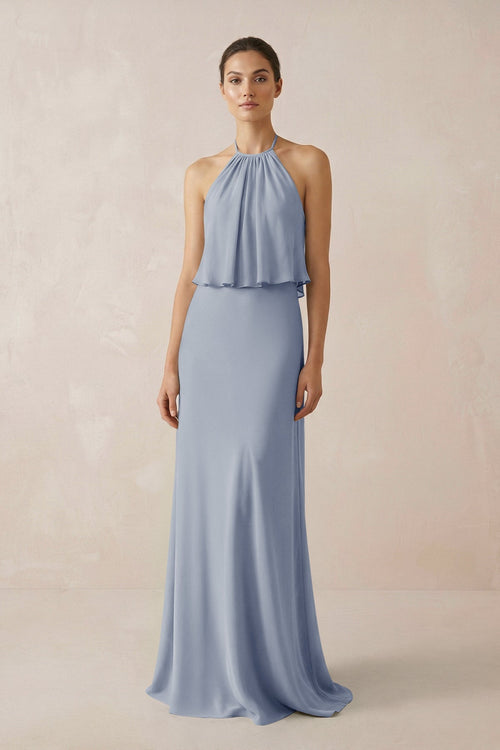 Halter Sheath Ruffled Chiffon Bridesmaid Dress in Twilight - KissProm Bridesmaid Dresses