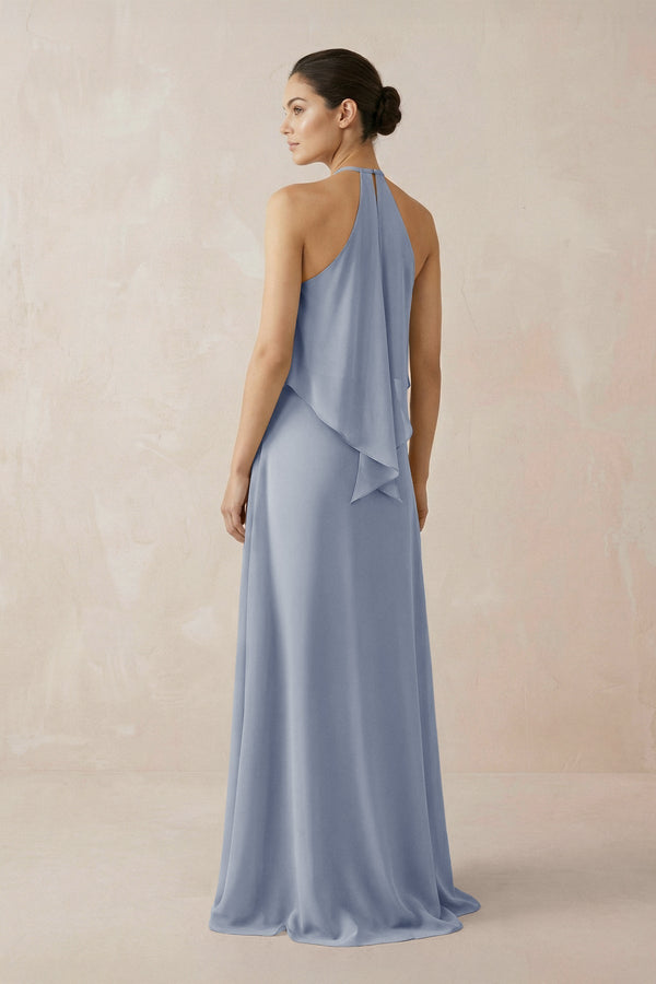Halter Sheath Ruffled Chiffon Bridesmaid Dress in Twilight - KissProm Bridesmaid Dresses