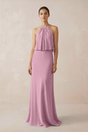 Halter Sheath Ruffled Chiffon Bridesmaid Dress in Vintage Mauve - KissProm Bridesmaid Dresses