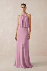 Halter Sheath Ruffled Chiffon Bridesmaid Dress in Vintage Mauve - KissProm Bridesmaid Dresses