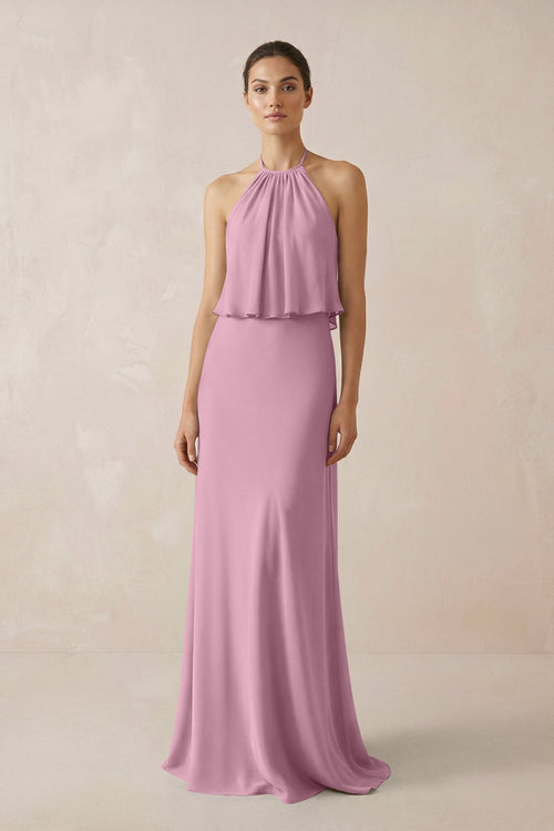 Halter Sheath Ruffled Chiffon Bridesmaid Dress in Vintage Mauve - KissProm Bridesmaid Dresses
