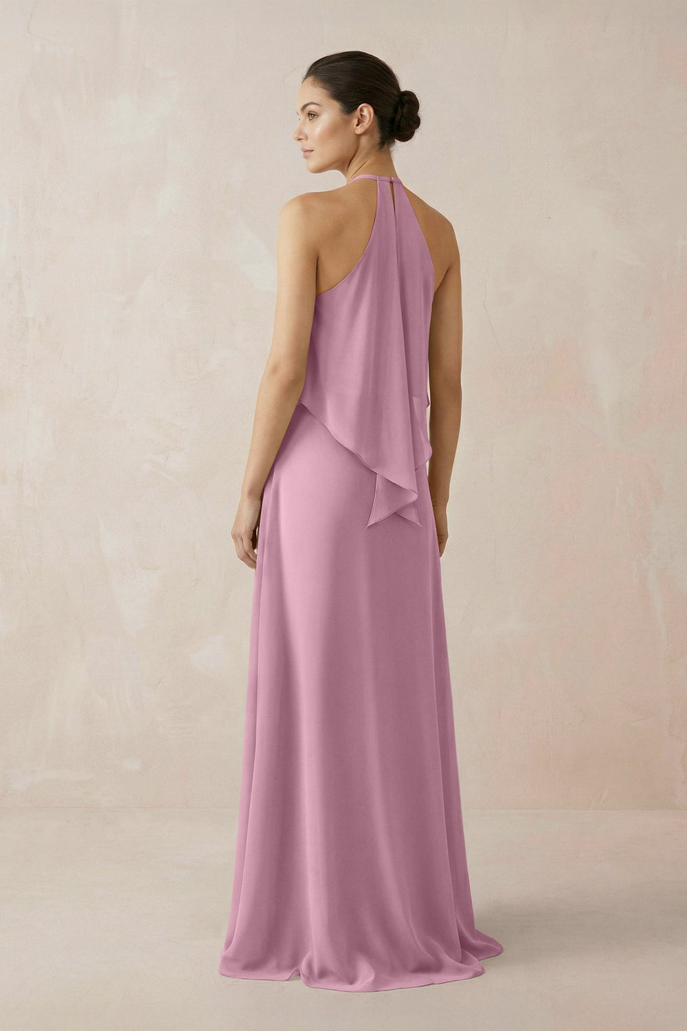 Halter Sheath Ruffled Chiffon Bridesmaid Dress in Vintage Mauve - KissProm Bridesmaid Dresses