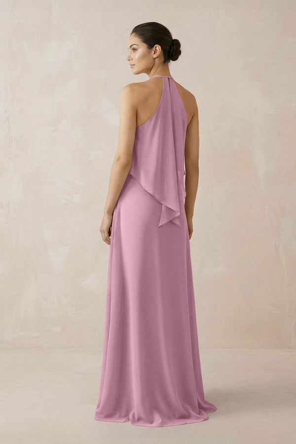 Halter Sheath Ruffled Chiffon Bridesmaid Dress in Vintage Mauve - KissProm Bridesmaid Dresses