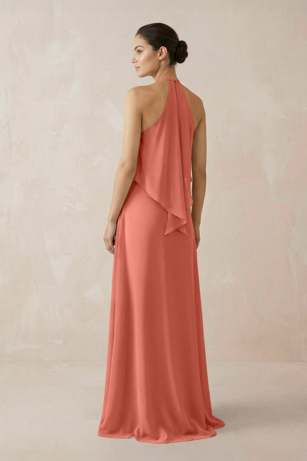 Halter Sheath Ruffled Chiffon Bridesmaid Dress in Wild Rose - KissProm Bridesmaid Dresses