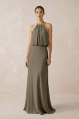 Halter Sheath Ruffled Chiffon Bridesmaid Dress in Willow Green - KissProm Bridesmaid Dresses