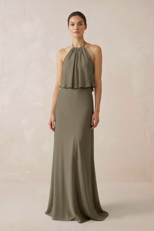 Halter Sheath Ruffled Chiffon Bridesmaid Dress in Willow Green - KissProm Bridesmaid Dresses