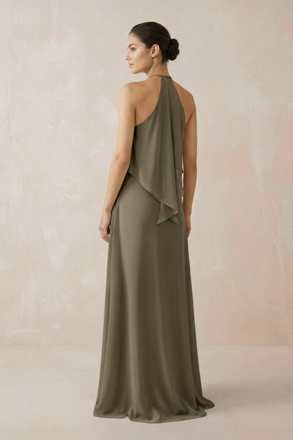 Halter Sheath Ruffled Chiffon Bridesmaid Dress in Willow Green - KissProm Bridesmaid Dresses