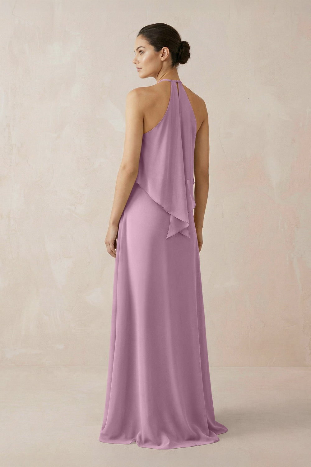 Halter Sheath Ruffled Chiffon Bridesmaid Dress in Wisteria - KissProm Bridesmaid Dresses