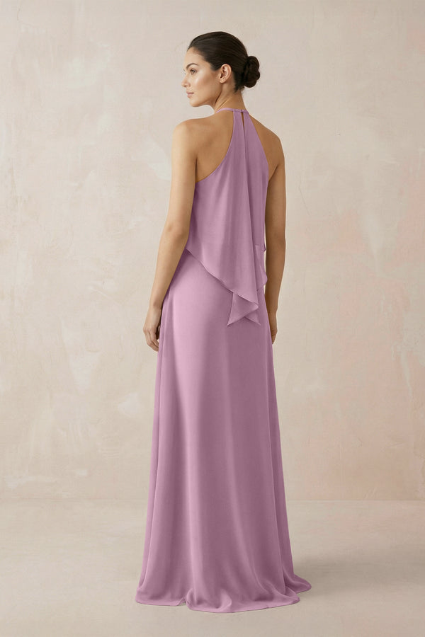 Halter Sheath Ruffled Chiffon Bridesmaid Dress in Wisteria - KissProm Bridesmaid Dresses