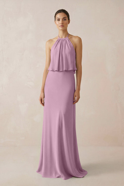 Halter Sheath Ruffled Chiffon Bridesmaid Dress in Wisteria - KissProm Bridesmaid Dresses