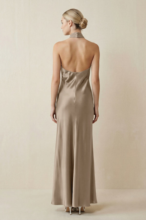 Halter Sheath Satin Bridesmaid Dress in Almond - KissProm Bridesmaid Dresses