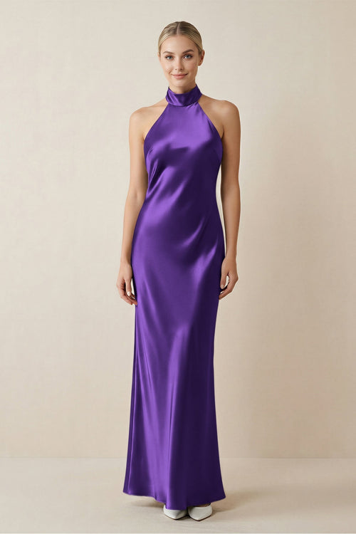 Halter Sheath Satin Bridesmaid Dress in Amethyst - KissProm Bridesmaid Dresses