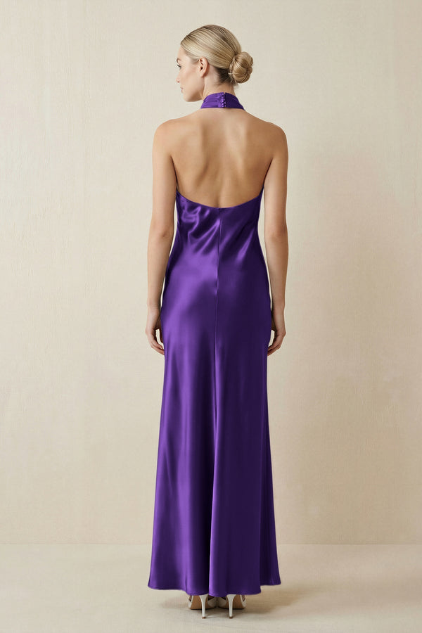 Halter Sheath Satin Bridesmaid Dress in Amethyst - KissProm Bridesmaid Dresses