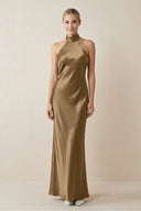 Halter Sheath Satin Bridesmaid Dress in Apple Cinnamon - KissProm Bridesmaid Dresses