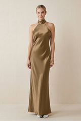 Halter Sheath Satin Bridesmaid Dress in Apple Cinnamon - KissProm Bridesmaid Dresses
