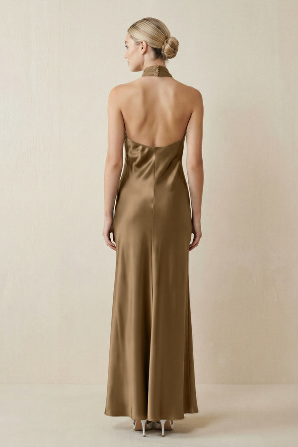 Halter Sheath Satin Bridesmaid Dress in Apple Cinnamon - KissProm Bridesmaid Dresses
