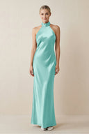 Halter Sheath Satin Bridesmaid Dress in Aqua - KissProm Bridesmaid Dresses