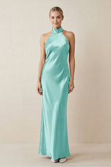 Halter Sheath Satin Bridesmaid Dress in Aqua - KissProm Bridesmaid Dresses