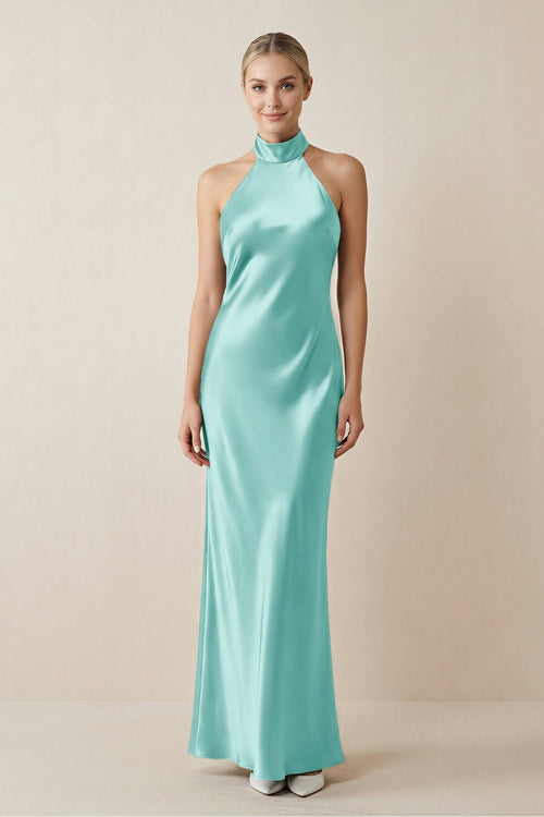 Halter Sheath Satin Bridesmaid Dress in Aqua - KissProm Bridesmaid Dresses