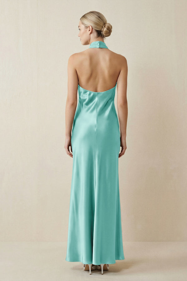 Halter Sheath Satin Bridesmaid Dress in Aqua - KissProm Bridesmaid Dresses