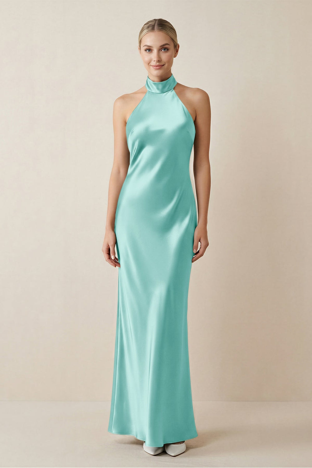 Halter Sheath Satin Bridesmaid Dress in Aqua - KissProm Bridesmaid Dresses