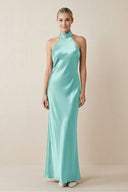Halter Sheath Satin Bridesmaid Dress in Aqua - KissProm Bridesmaid Dresses