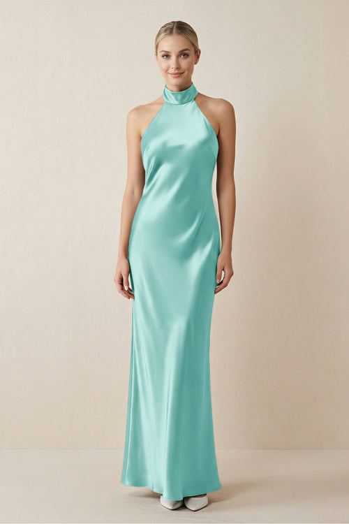 Halter Sheath Satin Bridesmaid Dress in Aqua - KissProm Bridesmaid Dresses