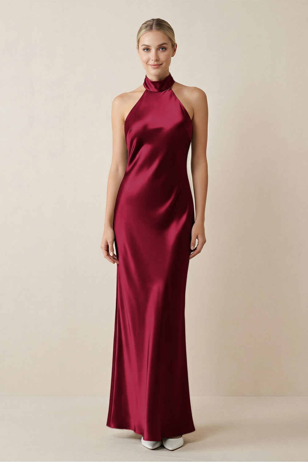 Halter Sheath Satin Bridesmaid Dress in Berry - KissProm Bridesmaid Dresses