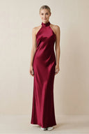 Halter Sheath Satin Bridesmaid Dress in Berry - KissProm Bridesmaid Dresses