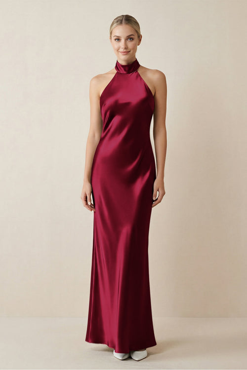 Halter Sheath Satin Bridesmaid Dress in Berry - KissProm Bridesmaid Dresses