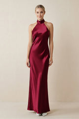 Halter Sheath Satin Bridesmaid Dress in Berry - KissProm Bridesmaid Dresses