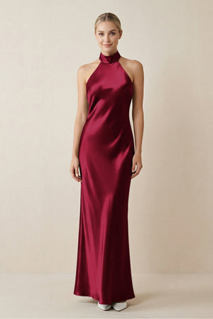 Halter Sheath Satin Bridesmaid Dress in Berry - KissProm Bridesmaid Dresses
