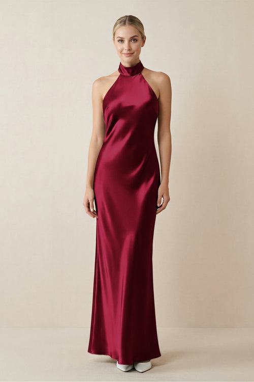 Halter Sheath Satin Bridesmaid Dress in Berry - KissProm Bridesmaid Dresses
