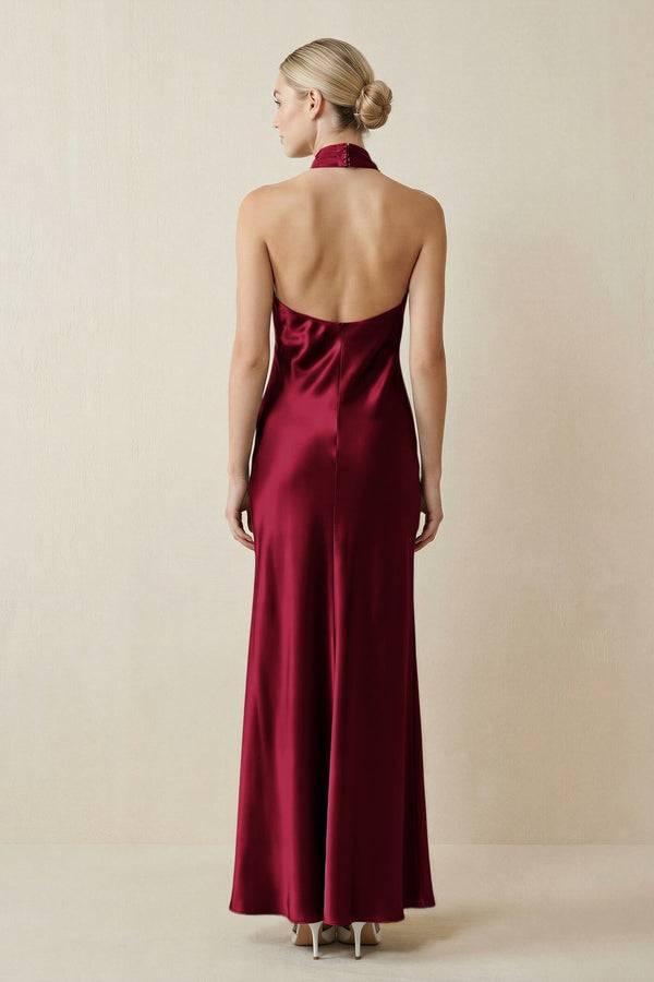 Halter Sheath Satin Bridesmaid Dress in Berry - KissProm Bridesmaid Dresses