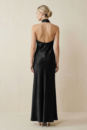 Halter Sheath Satin Bridesmaid Dress in Black - KissProm Bridesmaid Dresses