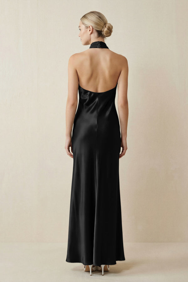 Halter Sheath Satin Bridesmaid Dress in Black - KissProm Bridesmaid Dresses