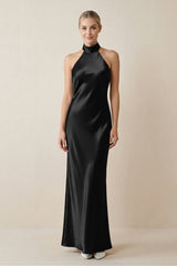 Halter Sheath Satin Bridesmaid Dress in Black - KissProm Bridesmaid Dresses