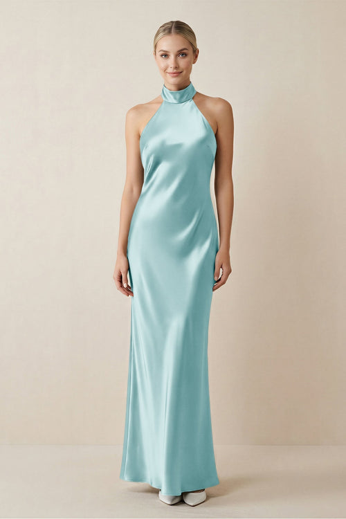 Halter Sheath Satin Bridesmaid Dress in Bleached Aqua - KissProm Bridesmaid Dresses