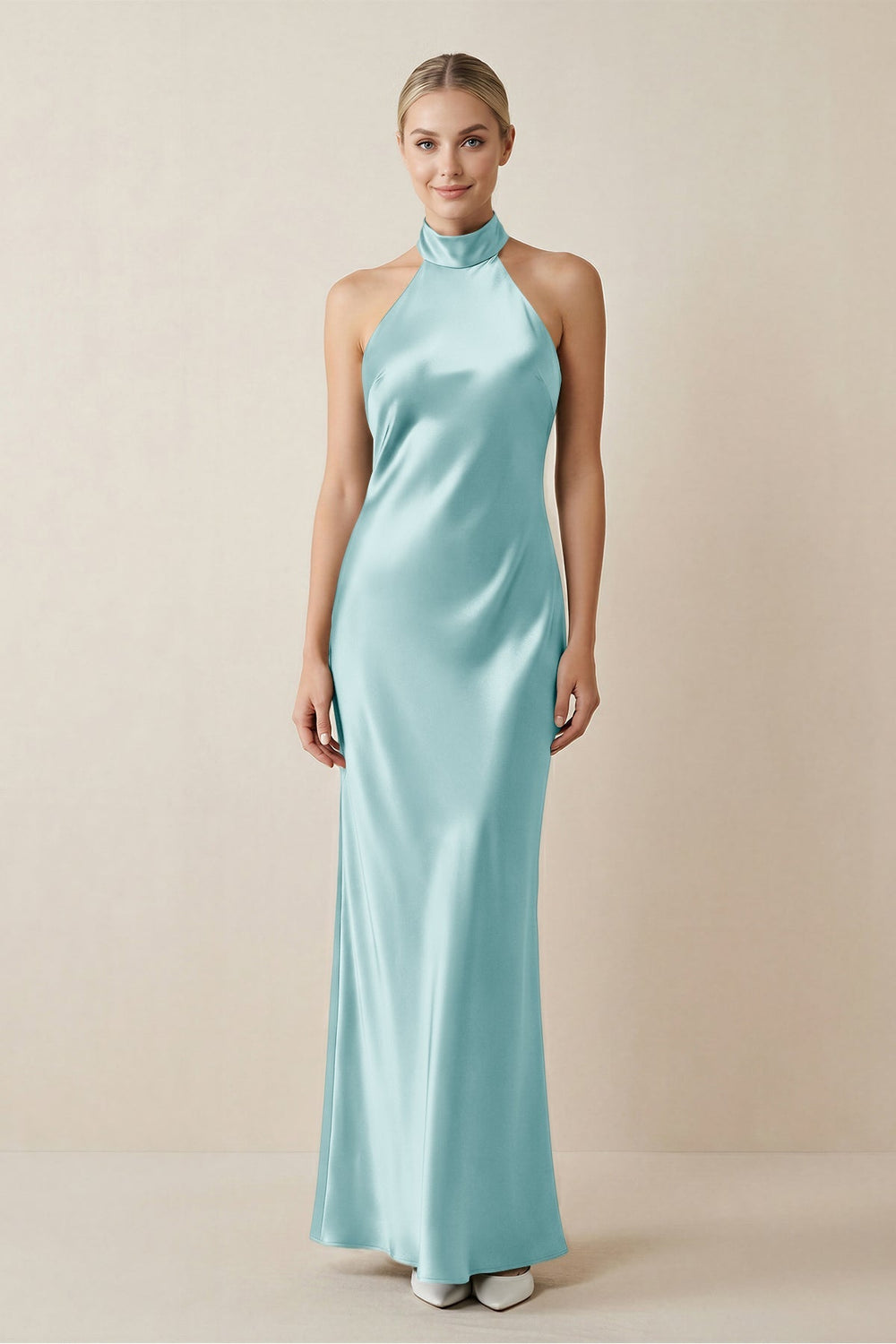Halter Sheath Satin Bridesmaid Dress in Bleached Aqua - KissProm Bridesmaid Dresses