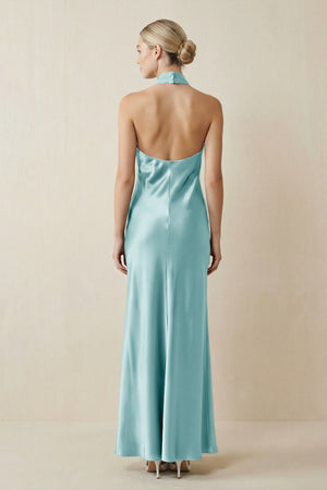 Halter Sheath Satin Bridesmaid Dress in Bleached Aqua - KissProm Bridesmaid Dresses