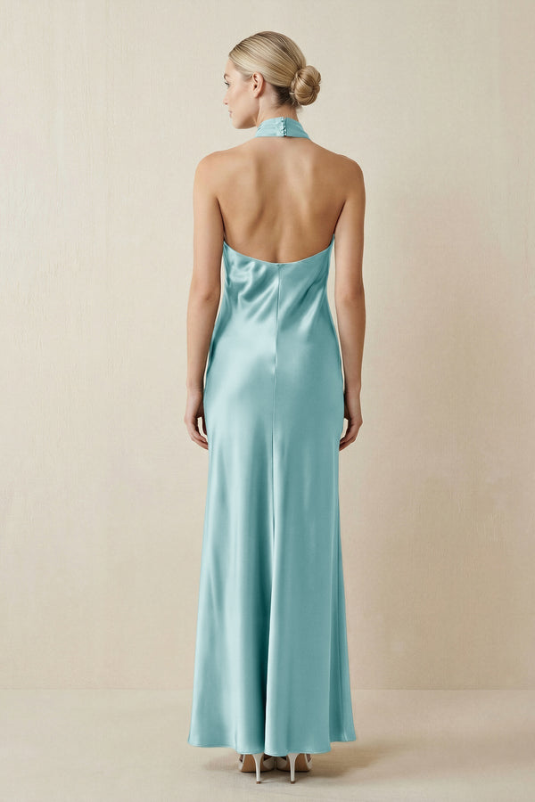 Halter Sheath Satin Bridesmaid Dress in Bleached Aqua - KissProm Bridesmaid Dresses