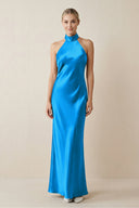 Halter Sheath Satin Bridesmaid Dress in Blue Jay - KissProm Bridesmaid Dresses