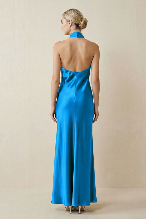 Halter Sheath Satin Bridesmaid Dress in Blue Jay - KissProm Bridesmaid Dresses