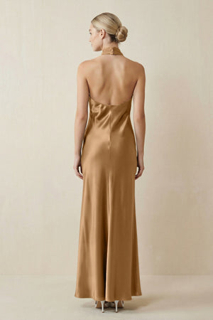 Halter Sheath Satin Bridesmaid Dress in Bronzer - KissProm Bridesmaid Dresses
