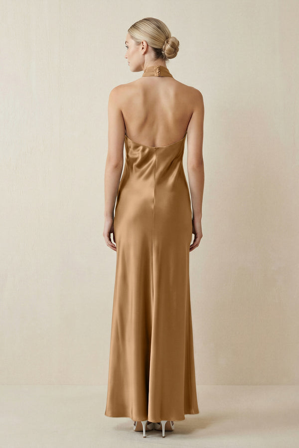 Halter Sheath Satin Bridesmaid Dress in Bronzer - KissProm Bridesmaid Dresses