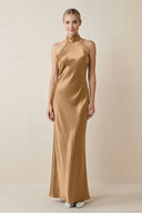 Halter Sheath Satin Bridesmaid Dress in Bronzer - KissProm Bridesmaid Dresses