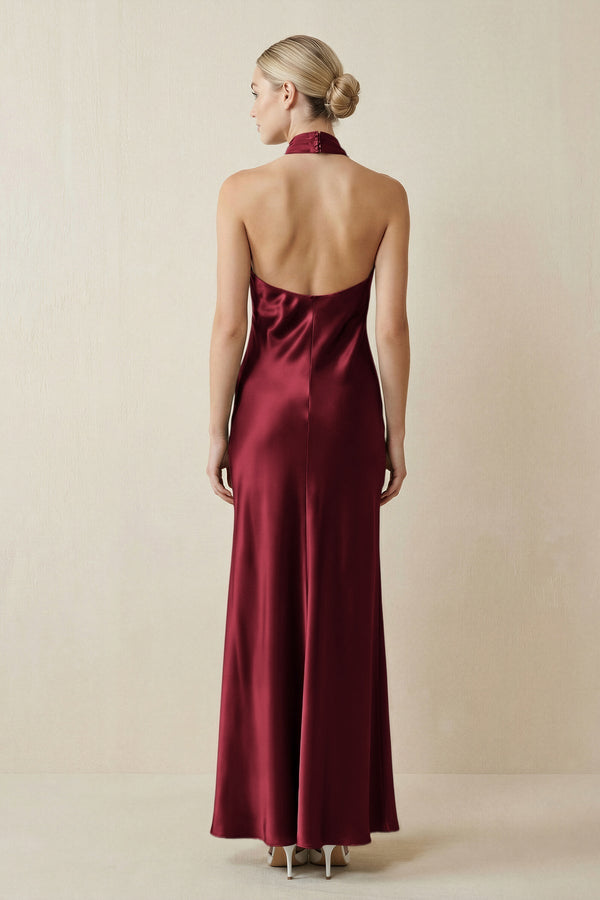Halter Sheath Satin Bridesmaid Dress in Burgundy - KissProm Bridesmaid Dresses
