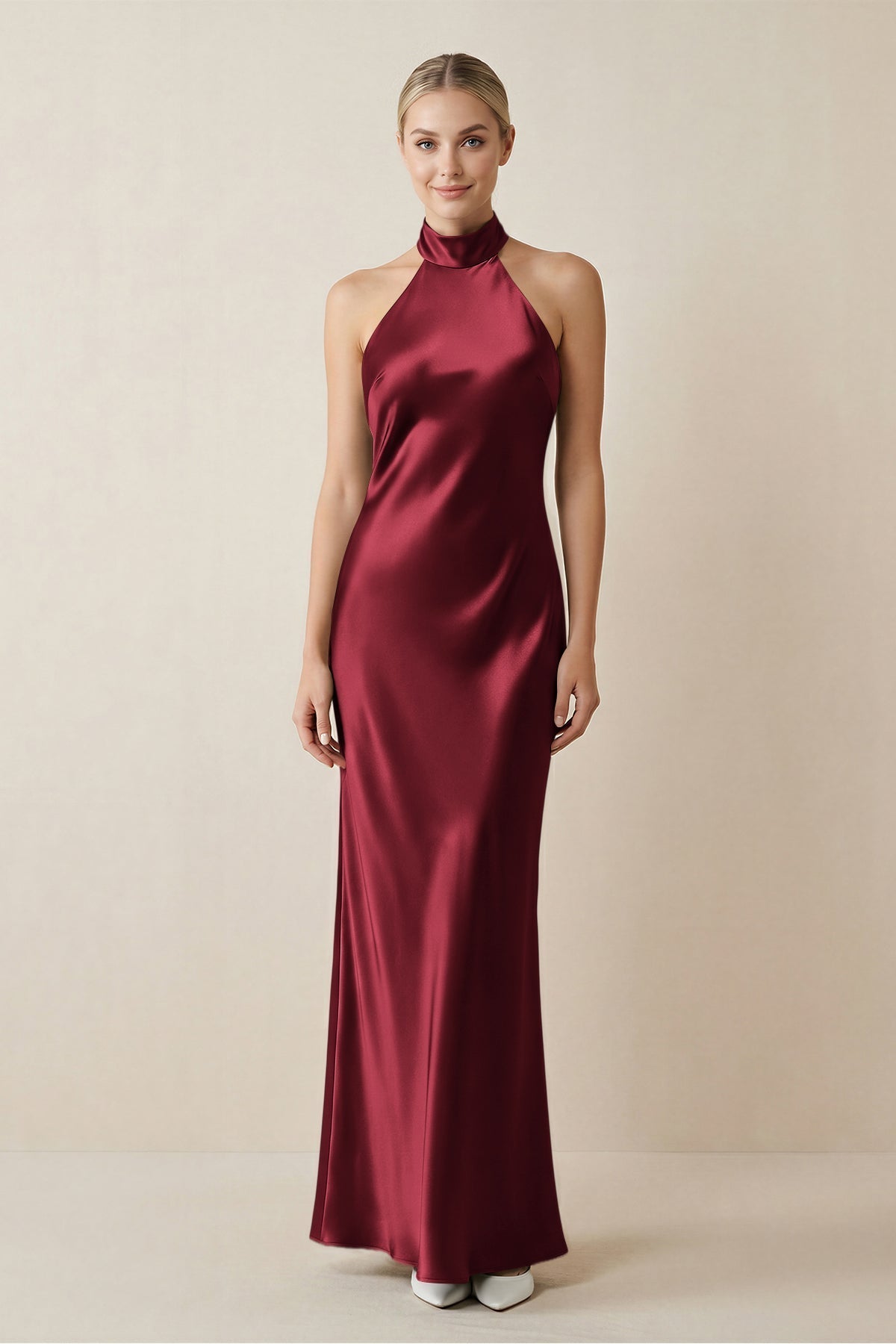 KissProm Halter Sheath Satin Bridesmaid Dress in Burgundy, Burgundy / 16