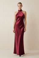 Halter Sheath Satin Bridesmaid Dress in Burgundy - KissProm Bridesmaid Dresses